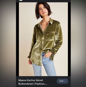 Maeve for anthologies green crushed velvet button down oversized shirt size 4